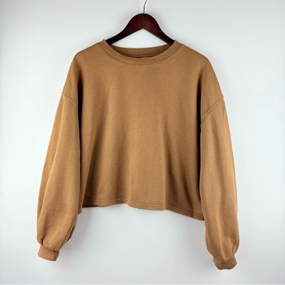 Women's Brown Fleece Crew Neck Pullover Cropped Sweater XXL Loungewear Casual - Picture 2 of 6